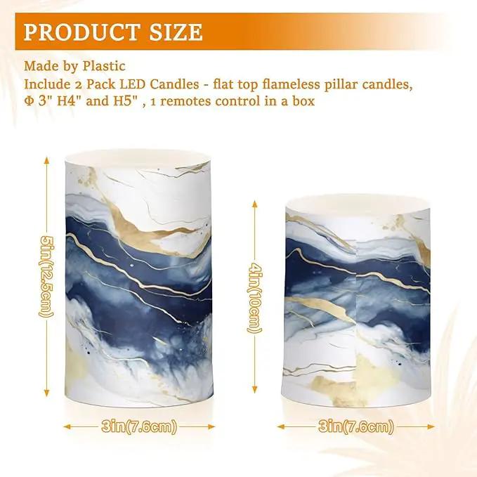 Flickering Flameless Candles, Drak Blue Golden Marble LED Candles with Remote Timer, Set of 2 Battery Operated Candle for Valentine Wedding Birthday by GreenHaven Gardens