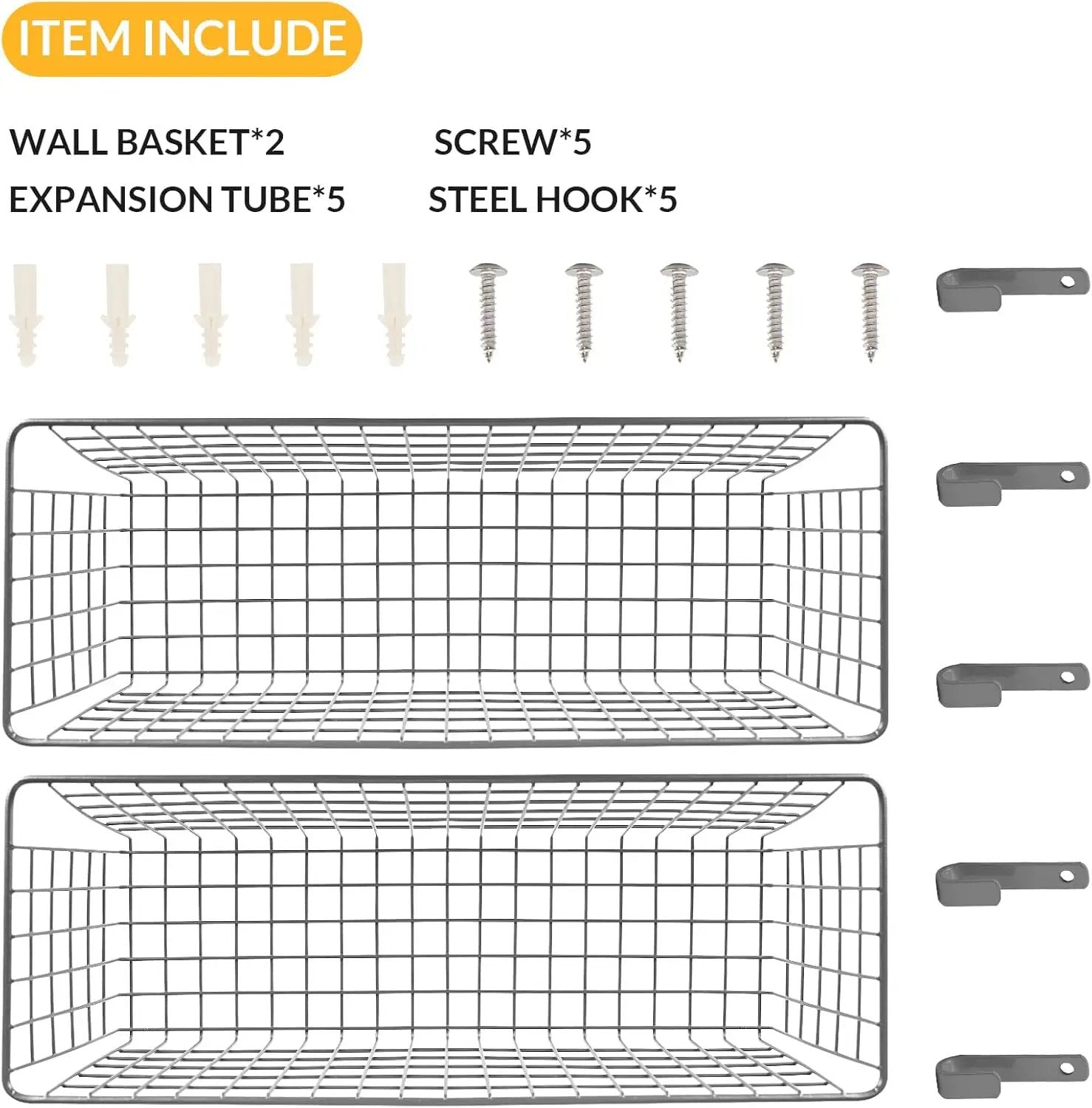 2 Sets Extra Large Hanging Wall Basket, Grey Metal Wire Baskets with Steel Hooks for Organizing, WallmountedFruit Vegetable Toy Snack Storage, Home Kitchen Bathroom Laundry Pantry Organizer by GreenHaven Gardens