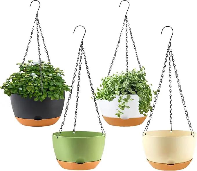 4 Pack Hanging Planter for Plants Indoor,8 Inch Plant Pot Outdoor Plastic Hanging Baskets with Drainage Holes and Chain for Garden Porch Plants(White+Black+Green+Beige) by GreenHaven Gardens