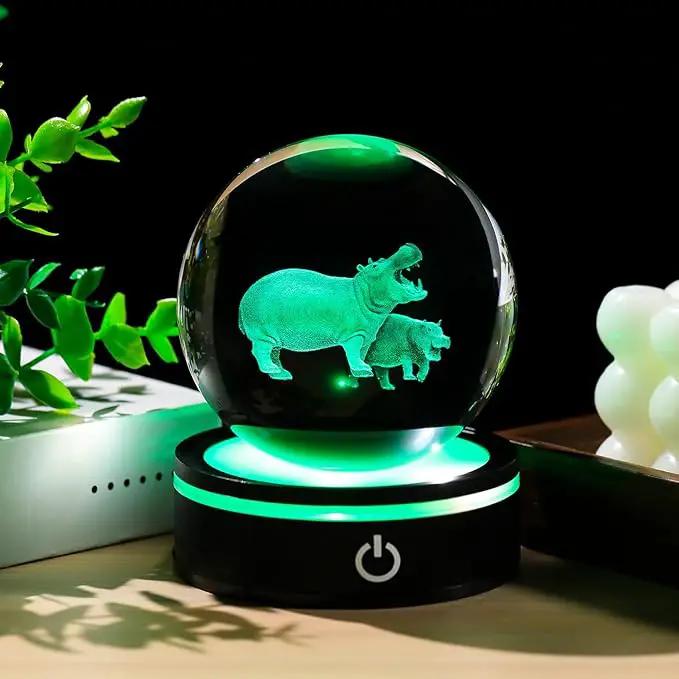 YWHL 3D Hippo Crystal Ball Figurine with LED Base Laser Hippopotamus Gifts for Women Men on Christmas Birthday Decorative Hippo Ball Glass Hippopotamus Globe Night Light for Home Decor (80mm) by GreenHaven Gardens