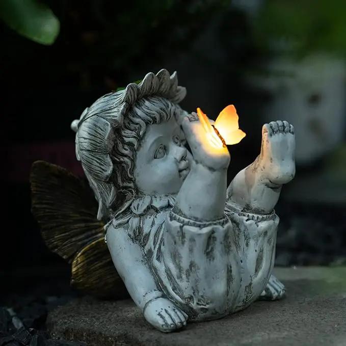 Garden Fairy Outdoor Solar Decor,Fairy Garden,Garden Sculpture,Resin Ornaments for Patio Lawn Yard Porch,Playful Garden Flower Fairy Statues for Outside Angel Gifts,7.91 Inches Tall by GreenHaven Gardens