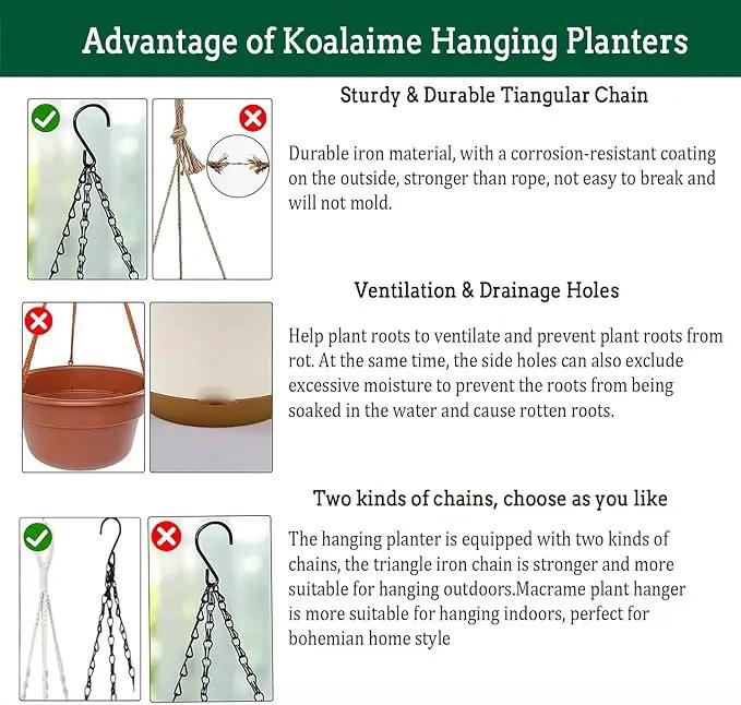 Hanging Planter Self Watering 10 Inch, 2 Pack Indoor Outdoor Hanging Baskets, Hanging Flower Pots with Drainage Hole & 2 Kinds of Plant Hangers for Garden Home Decor(Black Hanger by GreenHaven Gardens