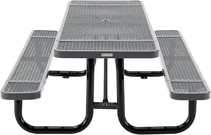 Global Industrial 8’L Rectangular Picnic Table, Expanded Metal, Gray Thermoplastic Coating, Attached Benches, 1-1/2” Umbrella Pole Hole, Outdoor-Rated, 1000 lb Capacity, 96” x 30” Tabletop by GreenHaven Gardens