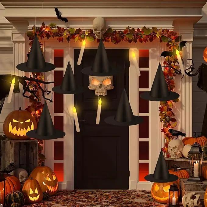 80 Pcs Halloween Hanging Witch Hats and Taper Floating Candles Set Includes 12 Witch Hats 12 LED Floating Candles Lights 56 3D Bats Wall Stickers for Halloween Decoration Front Porch Yard Decor by GreenHaven Gardens