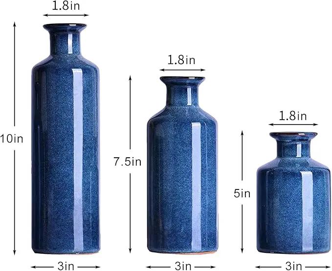 Blue Ceramic Vase Set of 3,Home Decorative Flower Vase,Small vase Set for Farmhouse Living Room Bedroom Tabletop Decor,Office Bookshelf Centerpiece Entrance Decoration by GreenHaven Gardens