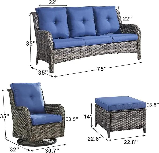 Outdoor Wicker Patio Furniture Set - 5 Piece Rattan Patio Conversation Set with 2 Rocking Swivel Chairs,2 Ottomans and 1 Sofa for Porch Deck Backyard Garden(Mixed Grey/Blue) by GreenHaven Gardens