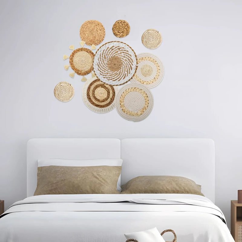 Boho Wall Basket Decor Set of 9, Woven Hanging Wall Decor Seagrass Rattan Wicker Round Handmade Rustic Flat Elegant Wall Art for Farmhouse Living Rooms Bedrooms Display Table Settings Kitchen Home by GreenHaven Gardens