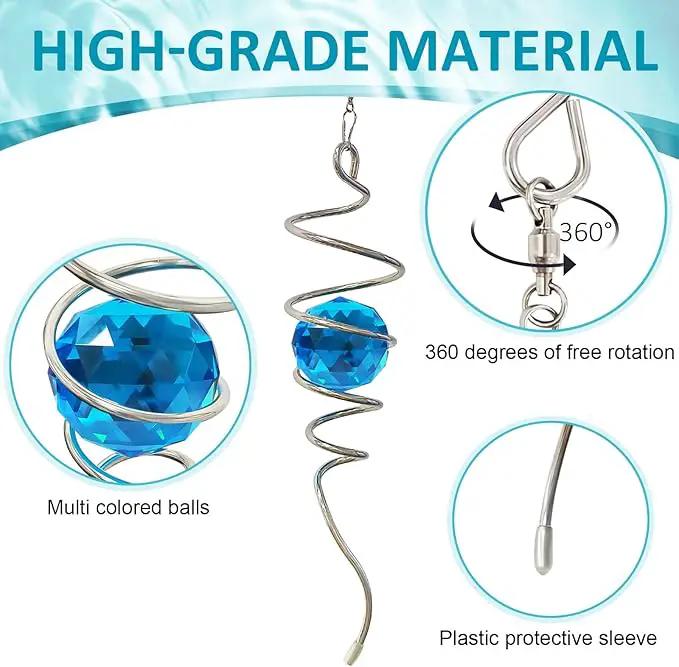 Gazing Ball Spiral Tail, Wind Spinner Spiral Peacock Blue Crystal Orb with Swivel Hook, Sun Catcher Rainbow Maker Hanging Decor for Yard Garden Rotating Art Ornaments Great Gifts 13" Height by GreenHaven Gardens