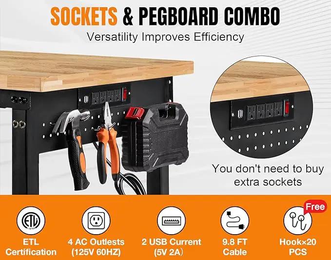 96”Adjustable Work Bench, 5000 LBS Capacity Heavy Duty Workbench with Power Outlet & Pegboard, Rubber Wood Work Table for Garage, Workshop, Office, Home by GreenHaven Gardens