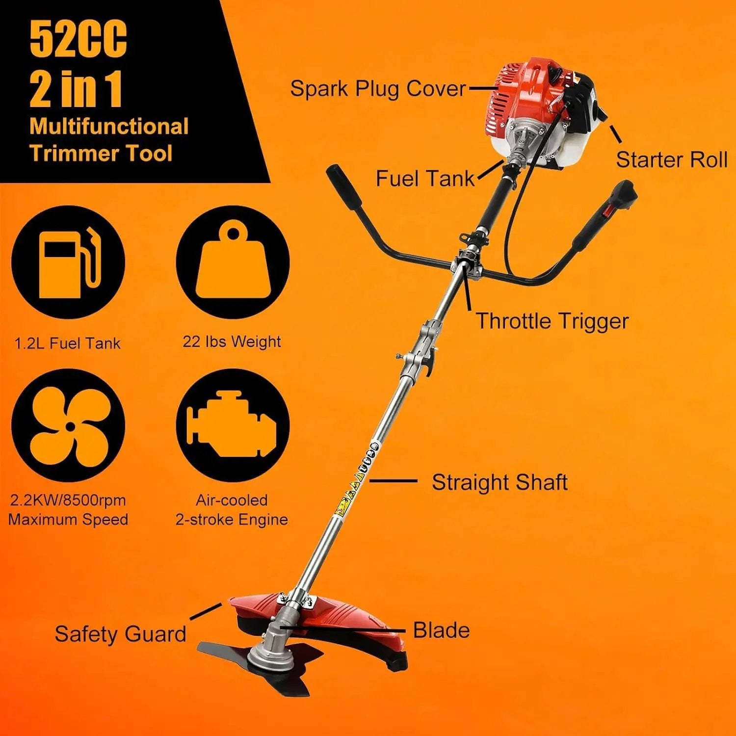 Weed Eater Gas Powered,52cc 2-Stroke Weed Wacker,2 in 1 Multi-Functional Grass Strimmer Petrol Hedge Trimmer,Gas Powered String Trimmer Brush Cutter for Garden Yard 2.2KW/8500rpm by GreenHaven Gardens