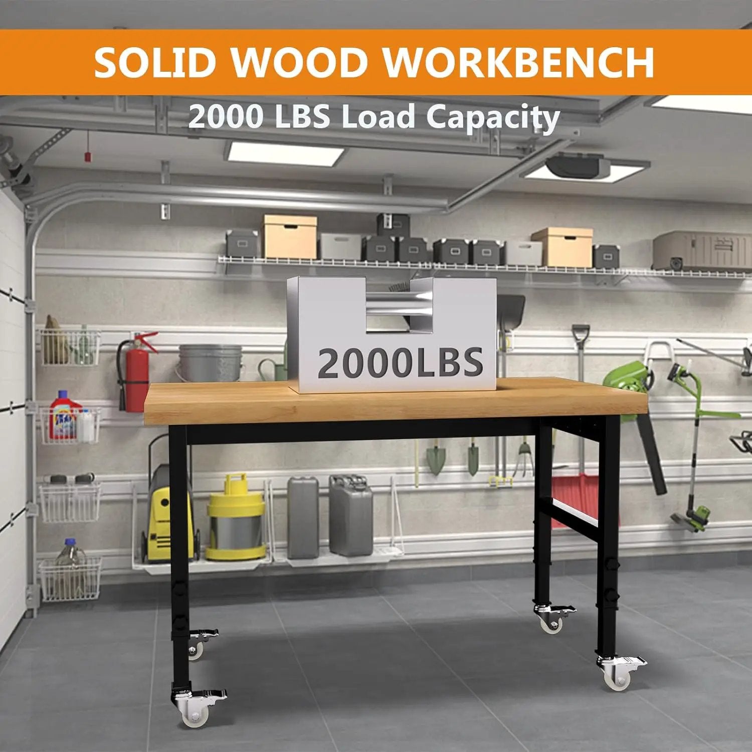 48" Work Bench, Adjustable Height Work Table with Power Outlets and Wheels, 2000 Lbs Capacity Heavy-Duty Hardwood Top Workstation for Garage, Workshop, Office, Home by GreenHaven Gardens