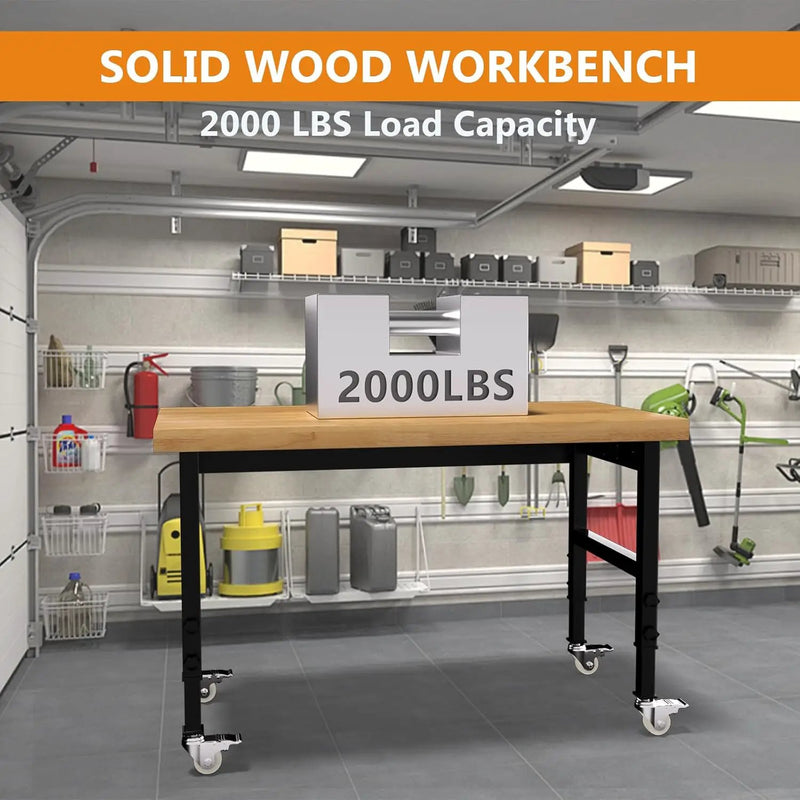 48" Work Bench, Adjustable Height Work Table with Power Outlets and Wheels, 2000 Lbs Capacity Heavy-Duty Hardwood Top Workstation for Garage, Workshop, Office, Home by GreenHaven Gardens