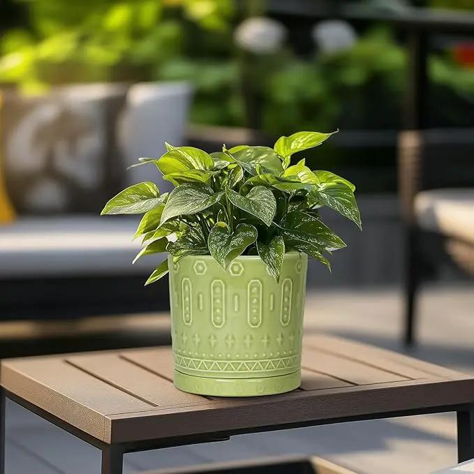 Ceramic Pot for Plants - 6 Inch Indoor Planter with Drainage Hole and Saucer, Round Decorative Flower Pots Outdoor, Boho Succulent Planter, Garden Home Decor, Gifts for Plant Lover, Green by GreenHaven Gardens