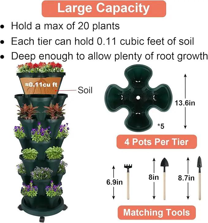 Vertical Planter 7 Tier Stackable Planters Garden Planters Strawberry Herb Flower and Vegetable Planter Indoor Outdoor Gardening Pots with Removable Wheels and Tools 2-Pack by GreenHaven Gardens