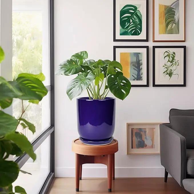 10 Inch Plant Pot - Ceramic Pot for Indoor Plants Large Planter Modern Outdoor Flower Pot with Drainage Hole and Saucer for Home Patio Decor Blue by GreenHaven Gardens