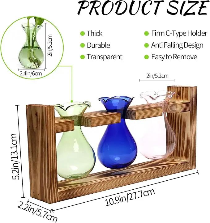 Plant Propagation Station Plant Terrarium Unique Birthday Gifts for Women Plant Lovers Home Office Decor Planter with Wooden Stand - 3 Bulb Glass Vase by GreenHaven Gardens