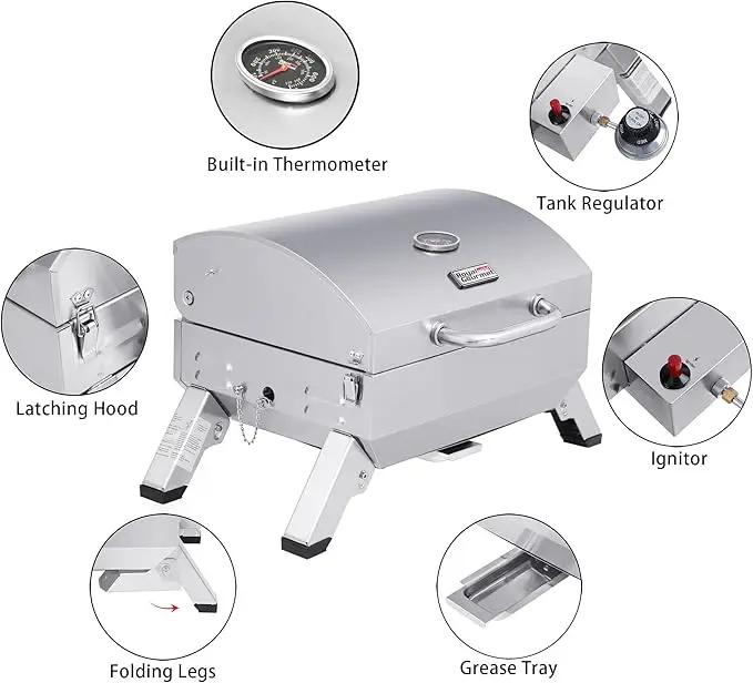 Royal Gourmet GT1001 Stainless Steel Portable Grill, 10000 BTU BBQ Tabletop Gas Grill with Folding Legs and Lockable Lid, Outdoor Camping, Deck and Tailgating, Silver by GreenHaven Gardens