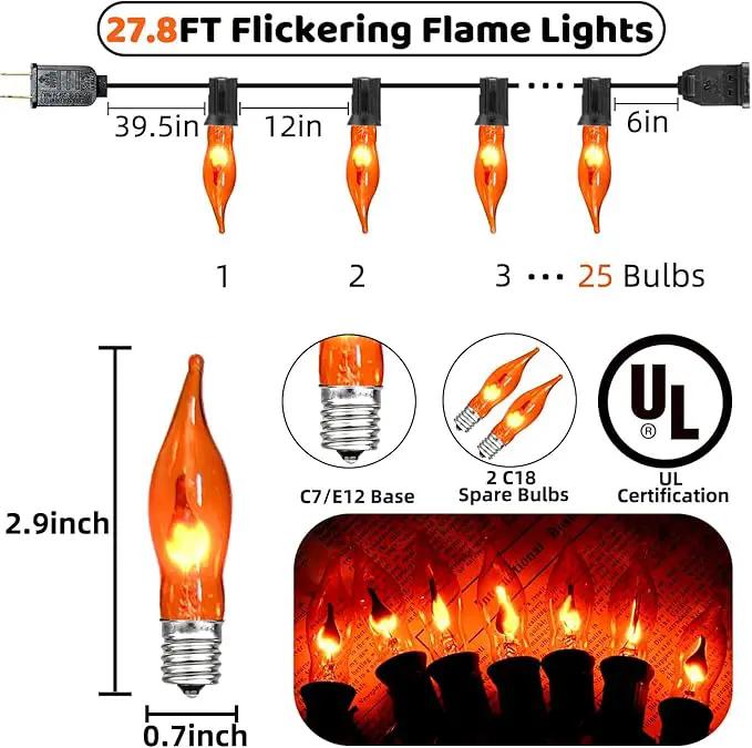 27.8Ft Flickering Flame String Lights Orange Halloween Lights with 25 Pack C7 Orange Flame Light Bulbs, Orange Flame String Lights for Halloween Decorations for Home Party Yard (2 Spare Bulbs) by GreenHaven Gardens