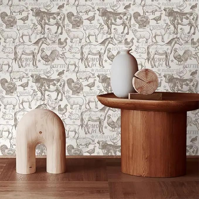 Boho Rustic Farm Animals Cow Rooster Horse Turkey Peel and Stick Wallpaper Self Adhesive Removable Easy Peel Off Stick on Wall Paper for Bedroom Cabinet Renter by GreenHaven Gardens