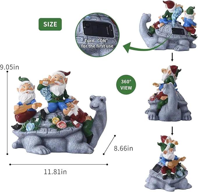 Upgraded Size Solar Garden Outdoor Statues Three Gnomes having party on turtle with 7 LED Solar Figurine for Lawn,Patio,Balcony,Yard Decor Unique Housewarming Gift, for grandfather, Father,Grandma,Wen by GreenHaven Gardens