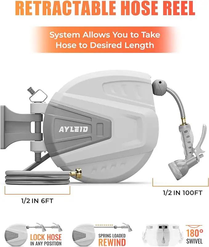 Ayleid Retractable Garden Hose Reel,1/2 in x 100 ft Wall Mounted Hose Reel, with 9- Function Sprayer Nozzle, Any Length Lock/Slow Return System/Wall Mounted/180°Swivel Bracket (Grey) by GreenHaven Gardens