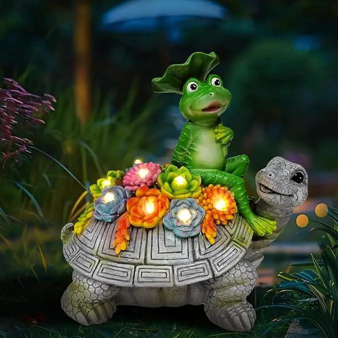 ILLUMINEW Solar Garden Outdoor Statues Turtle& Frog with Succulent and 8 LED Lights, Turtle Carrying Lotus Leaf Frog Figurines, Lawn Decorations for Patio Yard Gifts for Mom Grandma Housewarming by GreenHaven Gardens