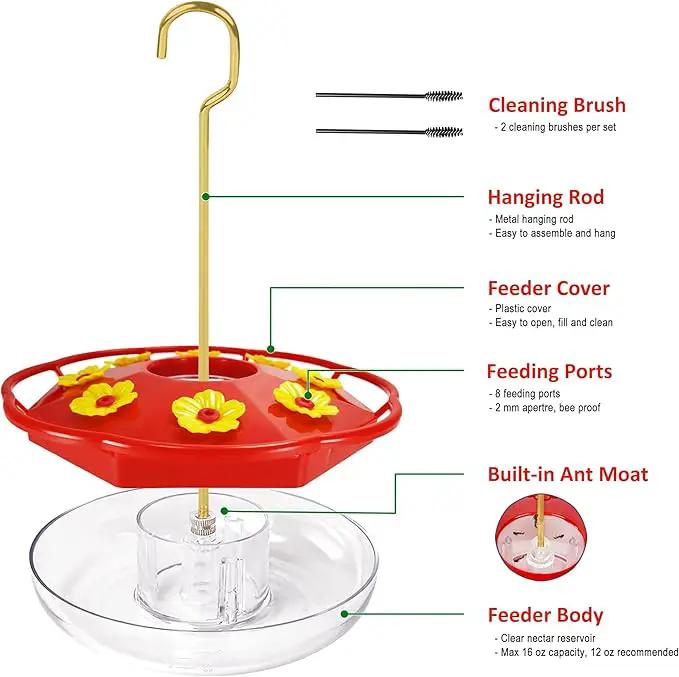 Hummingbird Feeders for Outdoors Hanging - 8 Feeding Ports 16 oz Plastic Hummingbird Feeder, Bee-Proof Leak-Proof No Drip, Easy to Clean with Cleaning Brushes by GreenHaven Gardens