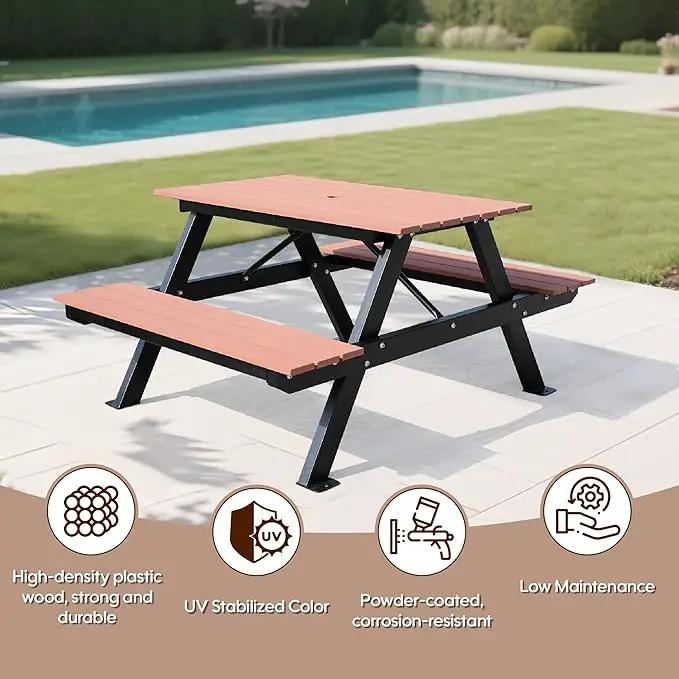 6FT Outdoor Picnic Table and Bench Set with 2" Umbrella Hole, WPC Tabletop Seattop Patio Dining Set for 6 People, Outdoor Dining Table and Chair for Park Garden Yard Patio- Brown by GreenHaven Gardens