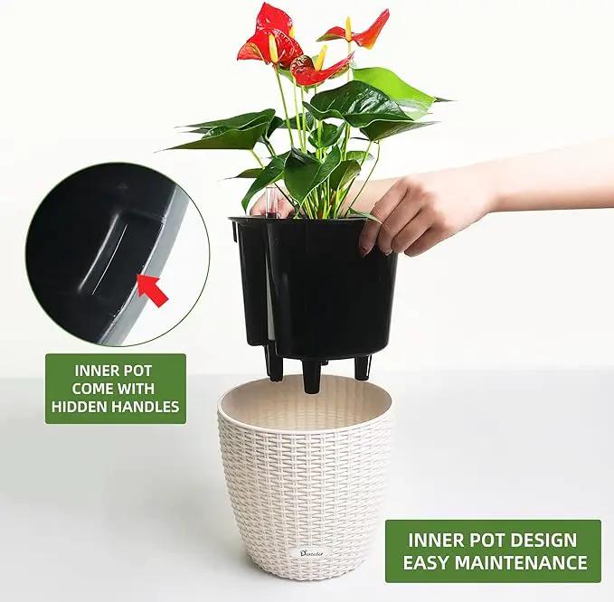 Dexceder 9x8 Inches Rattan Self Watering Planter Indoor Outdoor, Inner Pot Design, Thickened Table Flower Plant Pot with Water Level Indicator (Ivory White) by GreenHaven Gardens