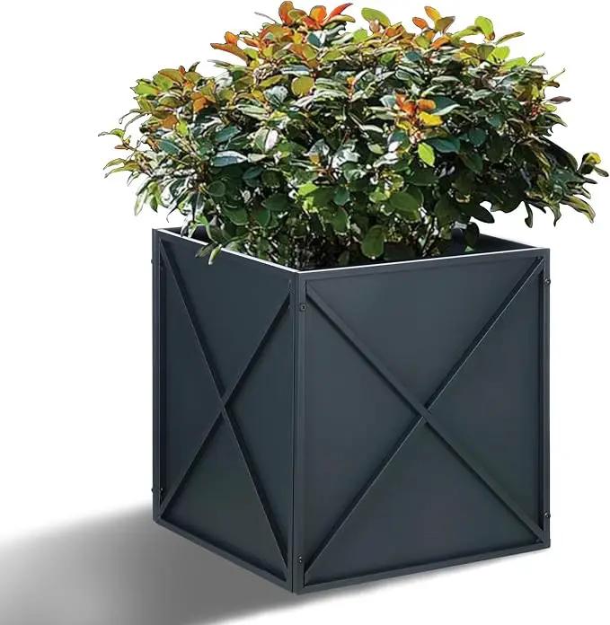 BAYN Metal Square Planter Box Tall Planters for Outdoor Plants Modern Heavy Duty with Drainage Holes for Outside Indoor Patio Deck - Grey, 17”x 17”x 18” by GreenHaven Gardens