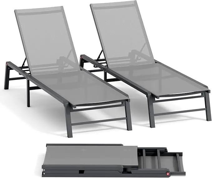 Aluminum Chaise Lounge Chair Outdoor, Foldable Patio Lounge Chair 2 Sets Assemble-Free, Pool Lounge Chairs with 5 Adjustable Backrest, Outdoor Lounge Chairs for Outside Poolside Beach Lawn Grey by GreenHaven Gardens