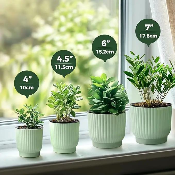 T4U 7 Inch Self Watering Pots for Indoor Plants, 4 Pack Green Plastic Flower Pots for All House Plants, Flowers, African Violets by GreenHaven Gardens
