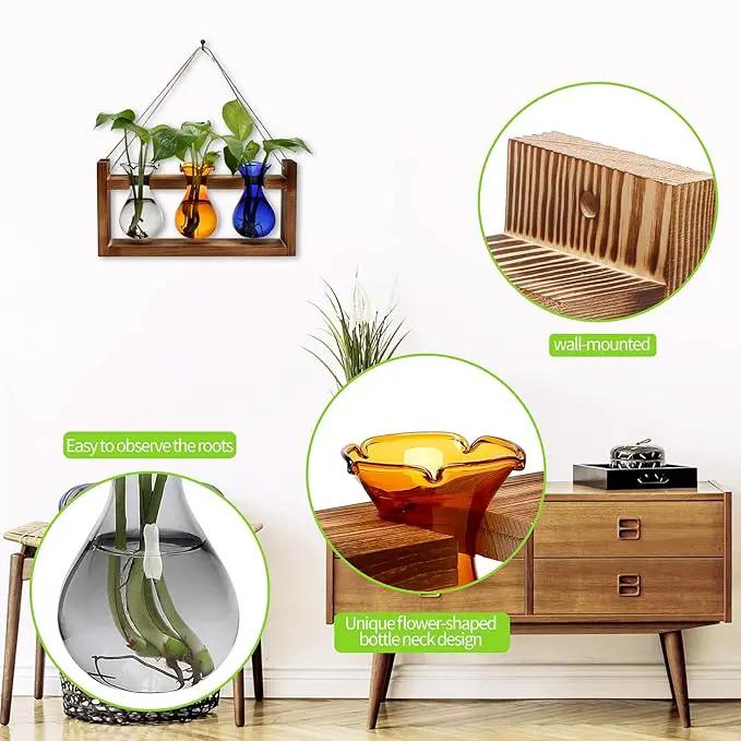 Plant Propagation Station Plant Terrarium Unique Birthday Gifts for Women Plant Lovers Home Office Decor Planter with Wooden Stand - 3 Bulb Glass Vase by GreenHaven Gardens