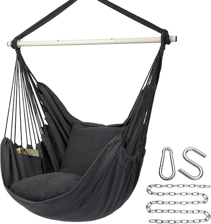 Y- Stop Hammock Chair Hanging Rope Swing Chair, Max 500 Lbs, 2 Seat Cushions Included, Removable Steel Spreader Bar with Anti-Slip Rings, Hardware kit-for Indoor or Outdoor(Dark Grey) by GreenHaven Gardens