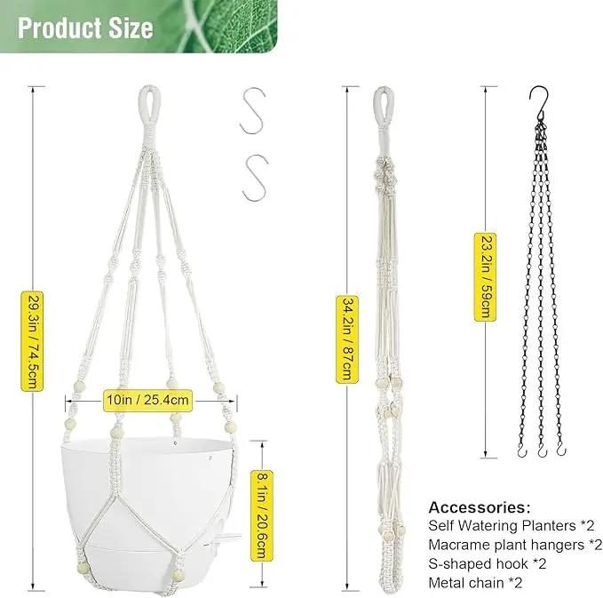 10 inch Self Watering Hanging Planters, 2 Pack Hanging Flower Pots for Indoor Outdoor Plants, Hanging Baskets with Drainage Holes & 2 Kinds of Plant Hangers for Garden Home Decor, White by GreenHaven Gardens