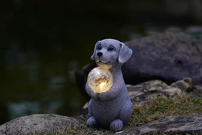 Solar Dog Garden Statues - 8.4 "Dog Decor with Gazing Ball Solar LED Lights, Unique Gifts for Mom Grandma Birthdays, Outdoor Decor for Outside Lawn Porch Patio (Gray) by GreenHaven Gardens