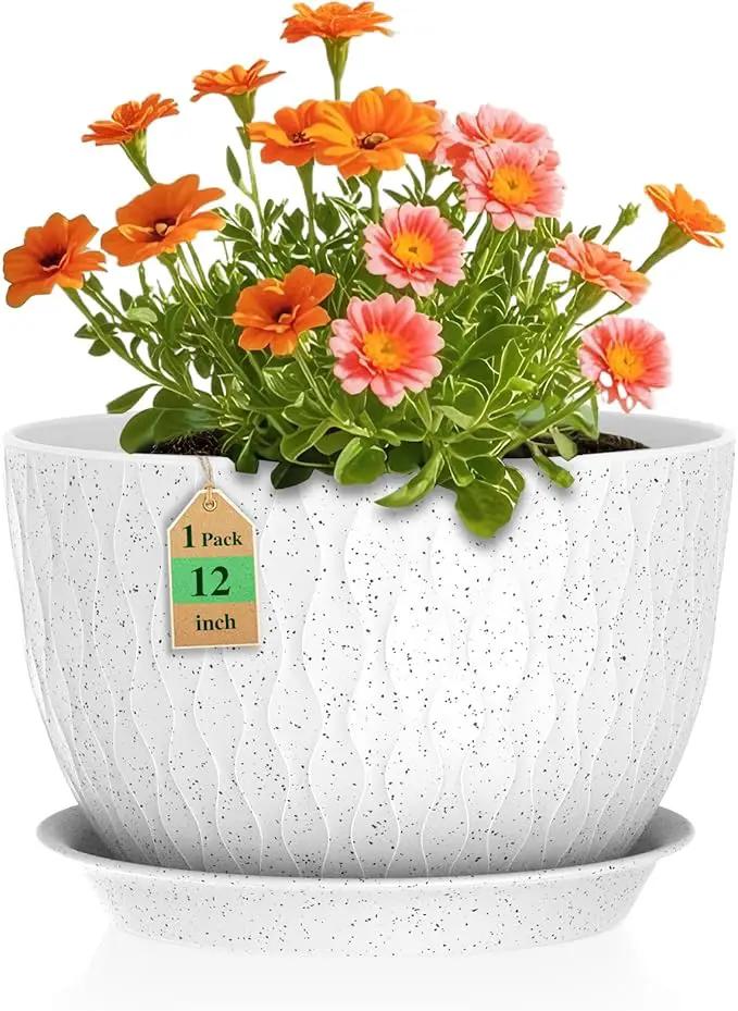 12 Inch Wide Water Ripples Flower Pots for Indoor or Outdoor Plants, Large Plant Pots with Drainage Holes & Saucer, Plastic Planters Set for Garden & Home Decor (White with Black Speckles) by GreenHaven Gardens