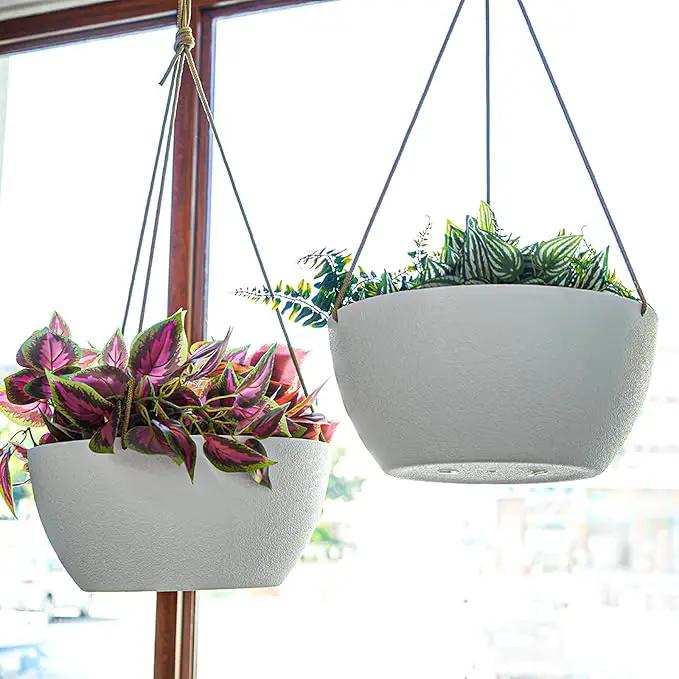 13 Inch 2 Pack Large Hanging Planters for Indoor Outdoor Plants, Plastic Hanging Basket Pots for House Plants Flowers, White by GreenHaven Gardens