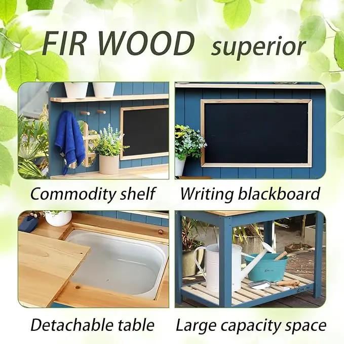 Kids Potting Bench Table Garden Workbench Outdoor Kids Garden Double-Layer Planting Table with Drawing Board Removable Sink,Wood Outdoor Play Kitchen for Toddlers,Backyard and Porch Blue by GreenHaven Gardens