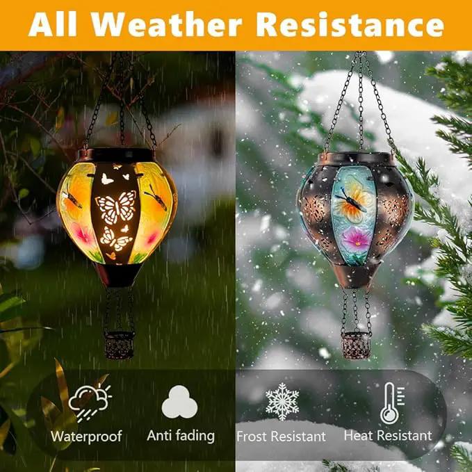 DREAMSOUL Butterfly Hot Air Balloon Solar Lantern, Glass & Metal Outdoor Lantern Hanging Solar Lanterns Outdoor Waterproof for Garden Patio Party by GreenHaven Gardens