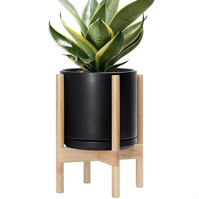 D'vine Dev Ceramic Planter with Natural Stand - 10 Inch Modern Round Flower Pot with Wood Planter Holder, Black, 55-B-K-2 by GreenHaven Gardens