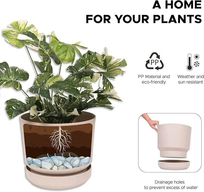 Elly Décor 12 inch Plastic Cylinder Planter Pot with Self-Watering Saucer and Drainage Hole,Lightweight & Extremely Durable, 12"x 12", Ivory by GreenHaven Gardens
