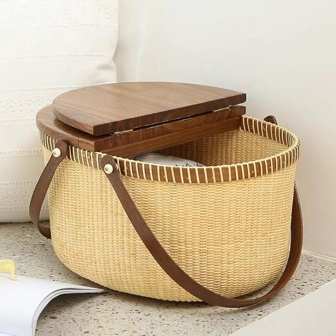 Nantucket Basket Crafts Cane-on-Cane Weave Picnic Basket Shopping Basket Basket Storage Basket Two Swing Handles (Black Walnut Activity Double Open) by GreenHaven Gardens