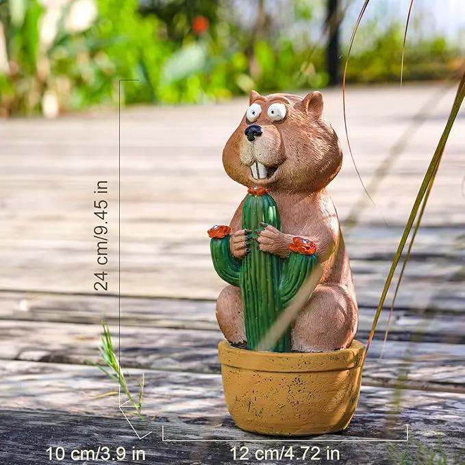 Solar Groundhog Garden Statue with LED Lights - Resin Cactus Planter Ornament for Outdoor Decor, Lawn, Patio, Yard, and Balcony, Unique Garden Gift for Women, Mom, and Grandma by GreenHaven Gardens