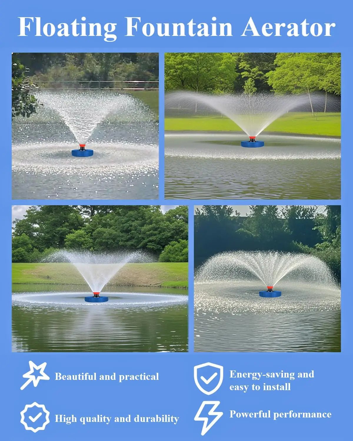 Pond Fountain Aerator 1HP 750W, 110V Floating Fountain with 100FT Power Cord & Digital Timer, 15,000 GPH Water Circulation, 2 Nozzles for Large Ponds, Lakes, Irrigation & Outdoor Water Features by GreenHaven Gardens
