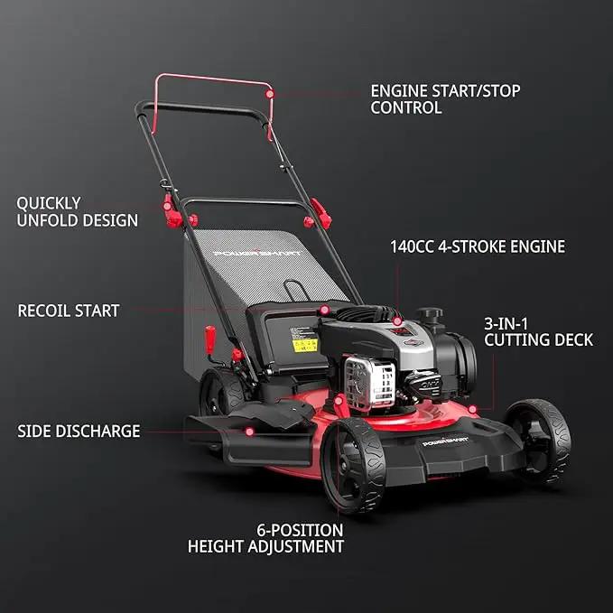 PowerSmart Gas Lawn Mower 21-inch with 140cc Briggs and Stratton E550 Engine, 3-in-1 Push Mower with Mulch, Bagger, Side-Discharge by GreenHaven Gardens