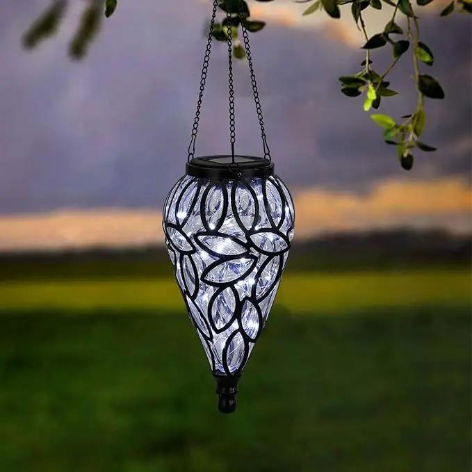 Solar Hanging Lantern Outdoor Lights, Tear-Shaped 15 LEDs Cool White Hanging Lights with S Hooks Decor in Garden, Yard, Pathway, Front Door and Landscape by GreenHaven Gardens