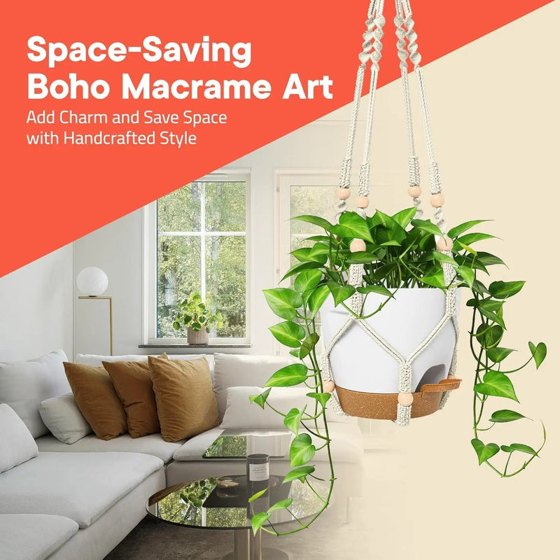 White Hanging Self Watering Pots with Macrame Ivory Rope, 3 Pack Indoor & Outdoor Hanging Plant Pots with Built-in Reservoir, Wick Rope, Drainage Holes & Hooks, Stylish Boho Decor Hanging Planter by GreenHaven Gardens