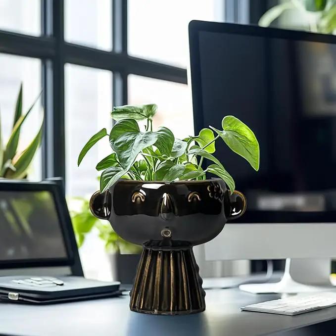 Head Planter 7 Inch - Ceramic Face Planters with Drainage Hole, Funny Succulent Pots for Indoor Outdoor, Cute Decorative Plant Pot, Desk Office Room Home Decor, Black by GreenHaven Gardens