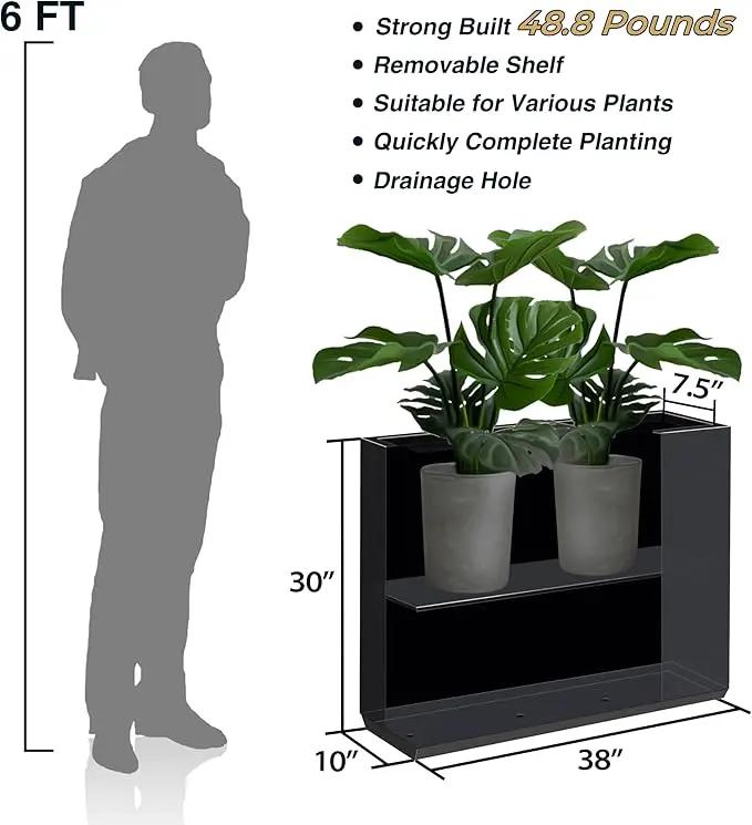 Metallic Heavy Planter for Outdoor Plants, 38Lx10Wx30H Inches Tall and Long Metal Divider Planter Box with Hand Brushed Gold Edge for Outside & Indoor, No Assembly (Black) by GreenHaven Gardens
